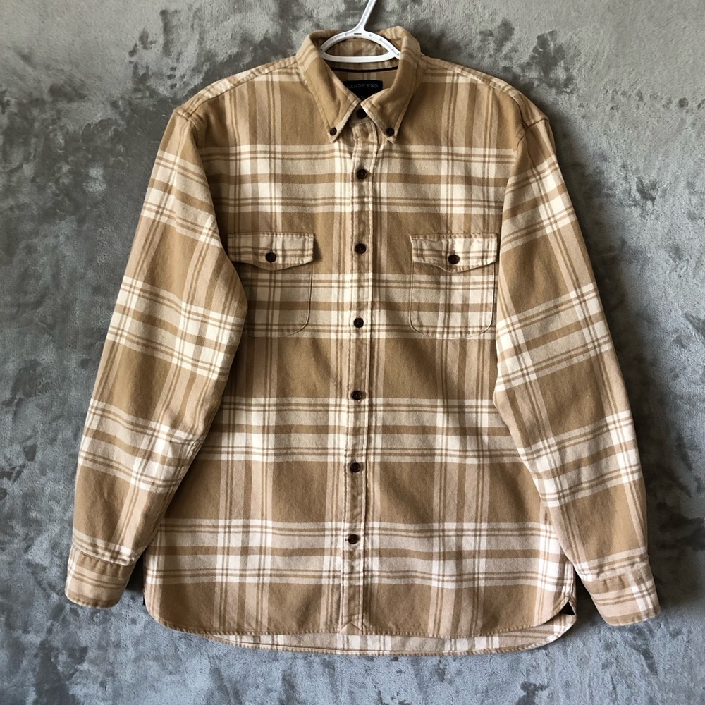 Land's End Men Flannel Shirt Size L Plaid Elbow Patches Cotton